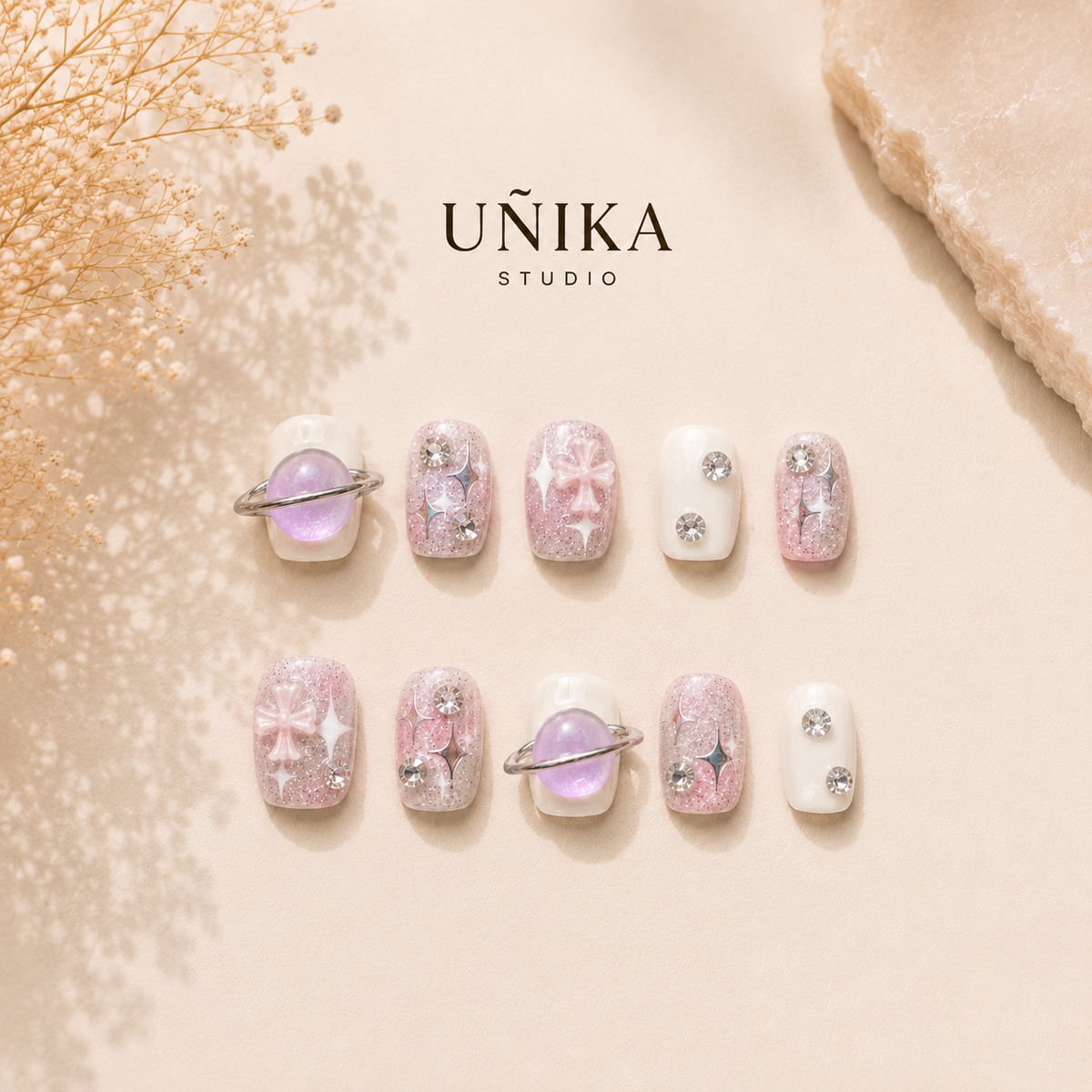 Saturno Rosa | Uñas Press On Hechas a Mano