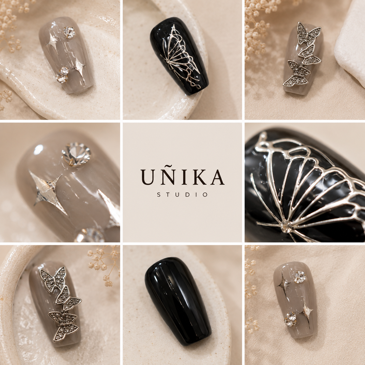 Mariposa Plata | Uñas Press On Hechas a Mano