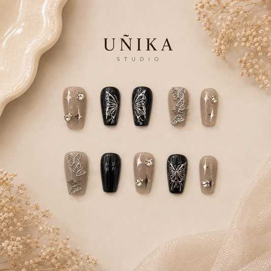 Mariposa Plata | Uñas Press On Hechas a Mano